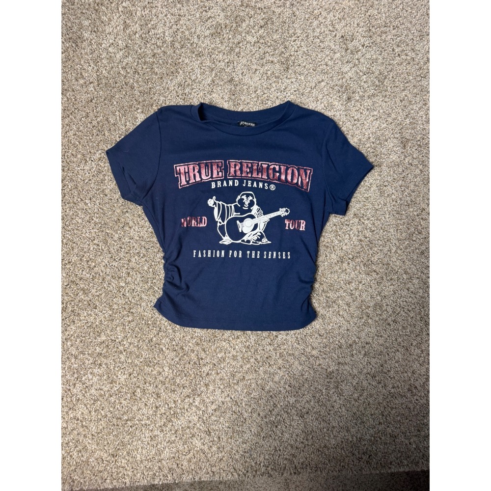 True Religion Navy Blue Ribbed Baby Tee Buddha World Tour Graphic Y2K XS